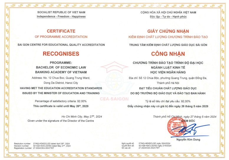 Giấy chứng nhận kiểm định chất lượng CTĐT ngành Luật Kinh tế